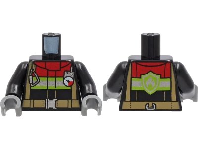 LEGO onderdeel Torso Fire Jacket with Red Collar, Silver and Lime Reflective Stripes, Dark Tan Harness and Belt, Carabiner, and Gauge Pattern / Black Arms / Dark Bluish Gray Hands (973pb4114c01)