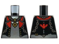 LEGO onderdeel Torso Vest with Red Lapels, Dark Bluish Gray Shirt, Silver Chains, Gold Pendant, Bat on Back Pattern 973pb4320