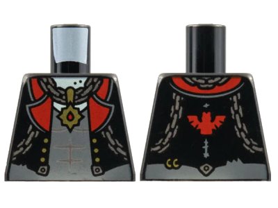 LEGO onderdeel Torso Vest with Red Lapels, Dark Bluish Gray Shirt, Silver Chains, Gold Pendant, Bat on Back Pattern (973pb4320)