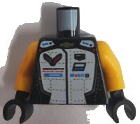 LEGO onderdeel Torso Racing Suit with Stitching, Chevrolet Logo, Mobil 1 Logo, and 'CORVETTE RACING' Pattern / Bright Light Orange Arms / Black Hands 973pb4385c01