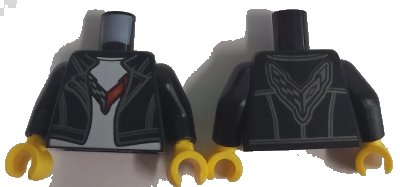 LEGO onderdeel Torso Leather Jacket over White Shirt with Chevrolet Logo Front and Back Pattern / Black Arms / Yellow Hands (973pb4386c01)