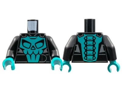 LEGO onderdeel Torso Motorcycle Jacket, Dark Turquoise Skull on Front, Spine on Back Pattern / Black Arms / Dark Turquoise Hands (973pb4452c01)