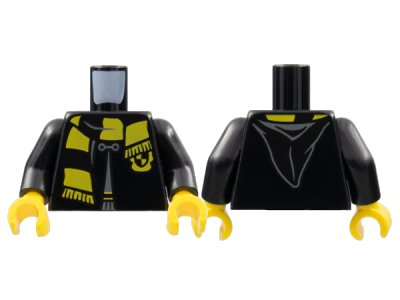 LEGO part Torso Hogwarts Robe Clasped with Hufflepuff Shield and Scarf Pattern / Black Arms / Yellow Hands (973pb4510c01)