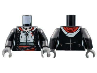 LEGO onderdeel Torso Female Open Jacket with Buttons, White Hoodie, Silver Zipper and Necklace, Red Trim, Belt Pattern / Black Arms / Dark Bluish Gray Hands (973pb4887c01)