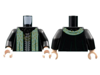 LEGO onderdeel Torso Robe, Black Fur Collar, Gold Necklaces, Sand Green Stole with Gold Spots Pattern / Black Arms / Light Nougat Hands (973pb4894c01)
