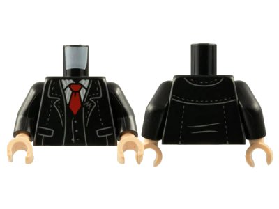 LEGO onderdeel Torso Jacket and Vest with Silver 'M' Pin, White Shirt with Light Bluish Gray Stripes, Red Tie Pattern / Black Arms / Light Nougat Hands (973pb4902c01)