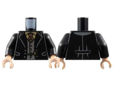 LEGO onderdeel Torso Jacket, Light Bluish Gray Vest, Tan Shirt, Copper Tie, Gold Letter M Tack, Buttons, and Skull Chain Pattern / Black Arms / Light Nougat Hands (973pb4903c01)