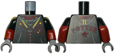LEGO onderdeel Torso Jacket with Hogwarts Crest, Dark Red 'POTTER' and Laces, Bright Light Orange Trim Pattern / Dark Red Arms with Black Short Sleeves, Bright Light Orange Stars and Stripes Pattern / Dark Bluish Gray Hands (973pb4983c01)