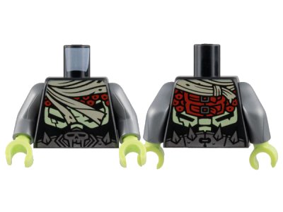 LEGO onderdeel Torso Tan Scarf, Red Circles, Yellowish Green Ribcage, Silver Belt with Skull and Spikes Pattern / Flat Silver Arms / Yellowish Green Hands (973pb5007c01)