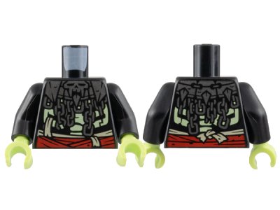 LEGO onderdeel Torso Silver Skull Mantle and Chains, Yellowish Green Ribcage, Red Sash Pattern / Black Arms / Yellowish Green Hands (973pb5013c01)