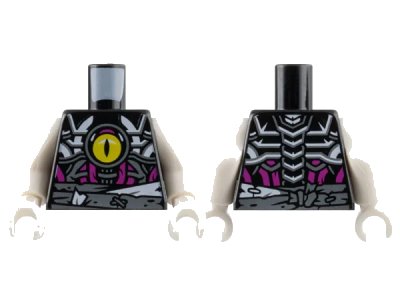LEGO onderdeel Torso White and Dark Bluish Gray Skeleton and Waist Wrappings, Yellow Eye with Slit Pupil, Magenta Tubes Pattern / White Arms / White Hands (973pb5365c01)