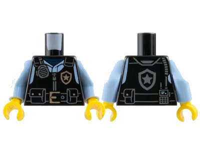 LEGO onderdeel Torso Police Safety Vest with Silver Star Badge Logo, Dark Bluish Gray Radio, Belt and Pockets over Bright Light Blue Shirt Pattern / Bright Light Blue Arms / Yellow Hands (973pb5512c01)