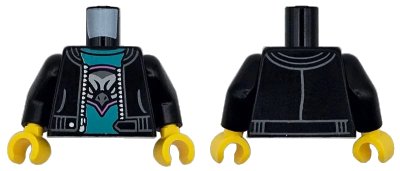 LEGO onderdeel Torso Jacket Open with Pockets and Silver Zipper over Dark Turquoise Shirt with Dark Pink, Dark Bluish Gray, and Light Bluish Gray Hawk Head Logo Pattern / Black Arms / Yellow Hands (973pb5565c01)