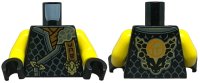LEGO part Torso Tunic with Dark Bluish Gray Hems, Gold Trim, Dark Orange Shirt, Ninjago Logogram 'MOE', Letter C on Back Pattern / Yellow Arms / Black Hands 973pb5661c01