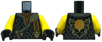 LEGO onderdeel Torso Tunic with Dark Bluish Gray Hems, Gold Trim, Dark Orange Shirt, Ninjago Logogram 'MOE', Letter C on Back Pattern / Yellow Arms / Black Hands (973pb5661c01)