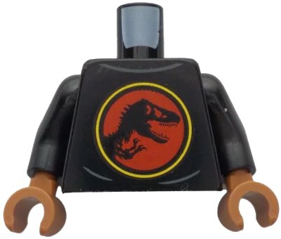 LEGO onderdeel Torso Sweater with Dark Bluish Gray Wrinkles, Red and Yellow Jurassic Park Logo Pattern / Black Arms / Sienna Hands (973pb5957c01)
