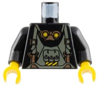 LEGO onderdeel Torso Rock Raiders Dark Gray Overalls with Pouch and Copper Buckles, Goggles, Danger Stripes Patch Pattern / Black Arms / Yellow Hands 973px143c01