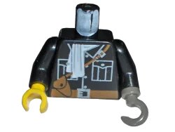LEGO onderdeel Torso Adventurers Orient Jacket, White Scarf, Brown Belt Pattern / Black Arms / Yellow Hand Right / Dark Gray Hook Left (973px181c01)
