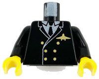 LEGO part Torso Airplane Pilot, Suit Double Breasted, Tie, Gold Buttons and Logo Pin Pattern / Black Arms / Yellow Hands 973px189c01