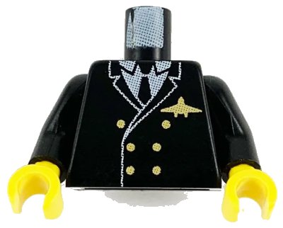 LEGO onderdeel Torso Airplane Pilot, Suit Double Breasted, Tie, Gold Buttons and Logo Pin Pattern / Black Arms / Yellow Hands (973px189c01)