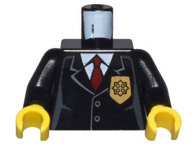LEGO onderdeel Torso Police Jacket with Gold Badge and Red Tie Pattern / Black Arms / Yellow Hands (973px468c01)