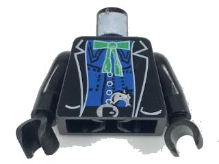 LEGO onderdeel Torso Western Bandit Jacket over Blue Shirt, Green String Tie with Bow, Gun in Belt Pattern / Black Arms / Black Hands (973px54c01)