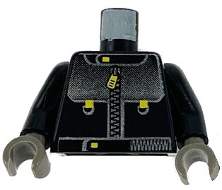 LEGO onderdeel Torso Studios Racing Suit with Silver Panel with Gradient, Zipper with Yellow Pull Pattern / Black Arms / Dark Gray Hands (973px66c01)