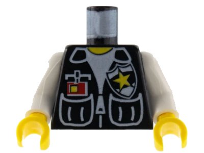 LEGO onderdeel Torso Police Vest, White Shirt, ID, Yellow Star Badge Pattern / White Arms / Yellow Hands (973px67c01)