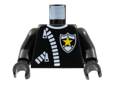 LEGO onderdeel Torso Police Leather Jacket with Thick White Zippers and Badge with Yellow Star Pattern / Black Arms / Black Hands (973px9c01)