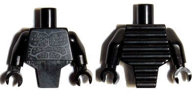 LEGO onderdeel Torso, Modified Short with Ridged Armor with Bare Chest with Muscles Outline and White Chest Hair Pattern / Black Arms / Black Hands (98127pb03c01)