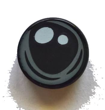 LEGO part Tile, Round 1 x 1 with 2 White Spots and Dark Bluish Gray Irregular Circular Outline (Spider Eye) Pattern (98138pb089)