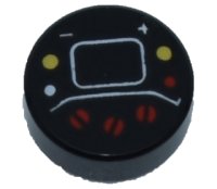 LEGO part Tile, Round 1 x 1 with Red, White and Yellow Buttons, Plus Sign (+), Minus Sign (-), and Lines Pattern 98138pb288