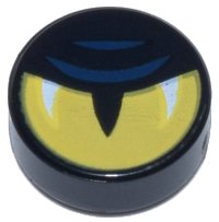 LEGO part Tile, Round 1 x 1 with Yellow Eye Half Closed, Slit Pupil, White Glints, and Dark Blue Eyelid Lines Pattern 98138pb386