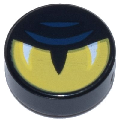 LEGO part Tile, Round 1 x 1 with Yellow Eye Half Closed, Slit Pupil, White Glints, and Dark Blue Eyelid Lines Pattern (98138pb386)