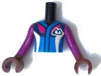 LEGO part Torso Mini Doll Boy Blue Jacket with Magenta, Dark Blue and White Panels and Mountains Pattern, Reddish Brown Arms with Hands with Magenta Long Sleeves FTBpb103c01