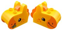 LEGO part Duplo, Mattone 2 x 5 x 3 con orecchi in cima con criniera arancio rossastro stampata e muso e macchie arancio stampati, occhi neri, e foglie verde lime in bocca, pattern di testa di cavallo 105161pb01