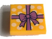 LEGO part Tile, Modified 2 x 2 Inverted with Gift Wrap Medium Lavender Bow and White Dots Pattern 11203pb012