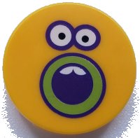 LEGO part Carreau, Rond 2 x 2 avec Porte-Tenon Inférieur avec Motif Visage Tournesol, Bouche et Yeux Ouverts Bordés Violet Foncé et Citron 14769pb314