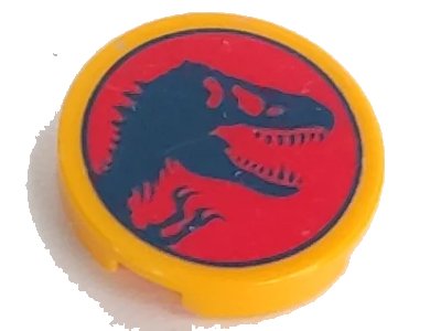 LEGO onderdeel Tile, Round 2 x 2 with Bottom Stud Holder with Jurassic World Logo, Dark Blue Dinosaur Skull Silhouette on Red Background Pattern (14769pb463)