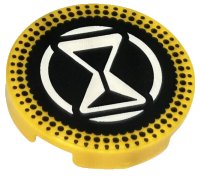 LEGO part Tile, Round 2 x 2 with Bottom Stud Holder with White Hourglass and Circle on Black Background with Dotted Border Pattern 14769pb619