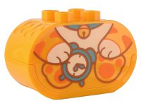 LEGO part Duplo, Brick 2 x 4 x 2 Oval with Sound, White Button, and Debossed Music Notes with Kitten Body Holding Alarm Clock Pattern 1480c01pb01