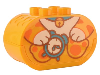 LEGO onderdeel Duplo, Brick 2 x 4 x 2 Oval with Sound, White Button, and Debossed Music Notes with Kitten Body Holding Alarm Clock Pattern (1480c01pb01)