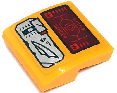 LEGO part Slope, Curved 2 x 2 x 2/3 with Silver Control Panel and Lever, Dark Red Head-Up Display (HUD) with Red 'DANGER' and Ninjago Logogram 'LOCK' Pattern (Sticker) - Set 71748 (15068pb519)