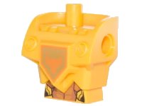 LEGO part Torso, Modified Oversized with Armor with Pin Holes with Orange and Gold Circuitry and Orange Bull Head on Gold Pentagonal Shield Pattern 23763c01pb02