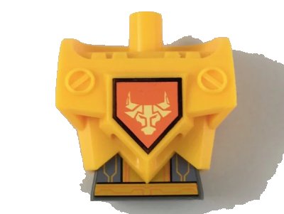 LEGO onderdeel Torso, Modified Oversized with Armor with Pin Holes with Dark Bluish Gray Midriff with Circuitry and Yellow Bull Head on Orange Shield Pattern (23763c01pb05)
