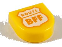 LEGO part Tile, Round 1 x 1 Half Circle Extended with White Highway Sign, Orange Outline and 'ROUTE BFF' Pattern 24246pb012