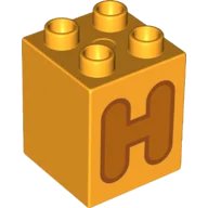 LEGO onderdeel Duplo, Brick 2 x 2 x 2 with Orange Capital Letter H with Reddish Brown Outline Pattern (31110pb151)