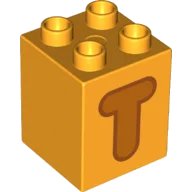 LEGO onderdeel Duplo, Brick 2 x 2 x 2 with Orange Capital Letter T with Reddish Brown Outline Pattern (31110pb162)