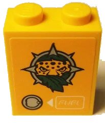 LEGO onderdeel Brick 1 x 2 x 2 with Inside Stud Holder with Leopard Head, Leaves, Fuel Inlet and White Arrow and 'FUEL' Pattern (Sticker) - Set 60158 (3245cpb058)