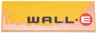 LEGO onderdeel Tile 2 x 6 with Black 'WALL' and Dot, White Letter E in Red Circle (Wall-E Logo), Copper Splotch Pattern (69729pb199)